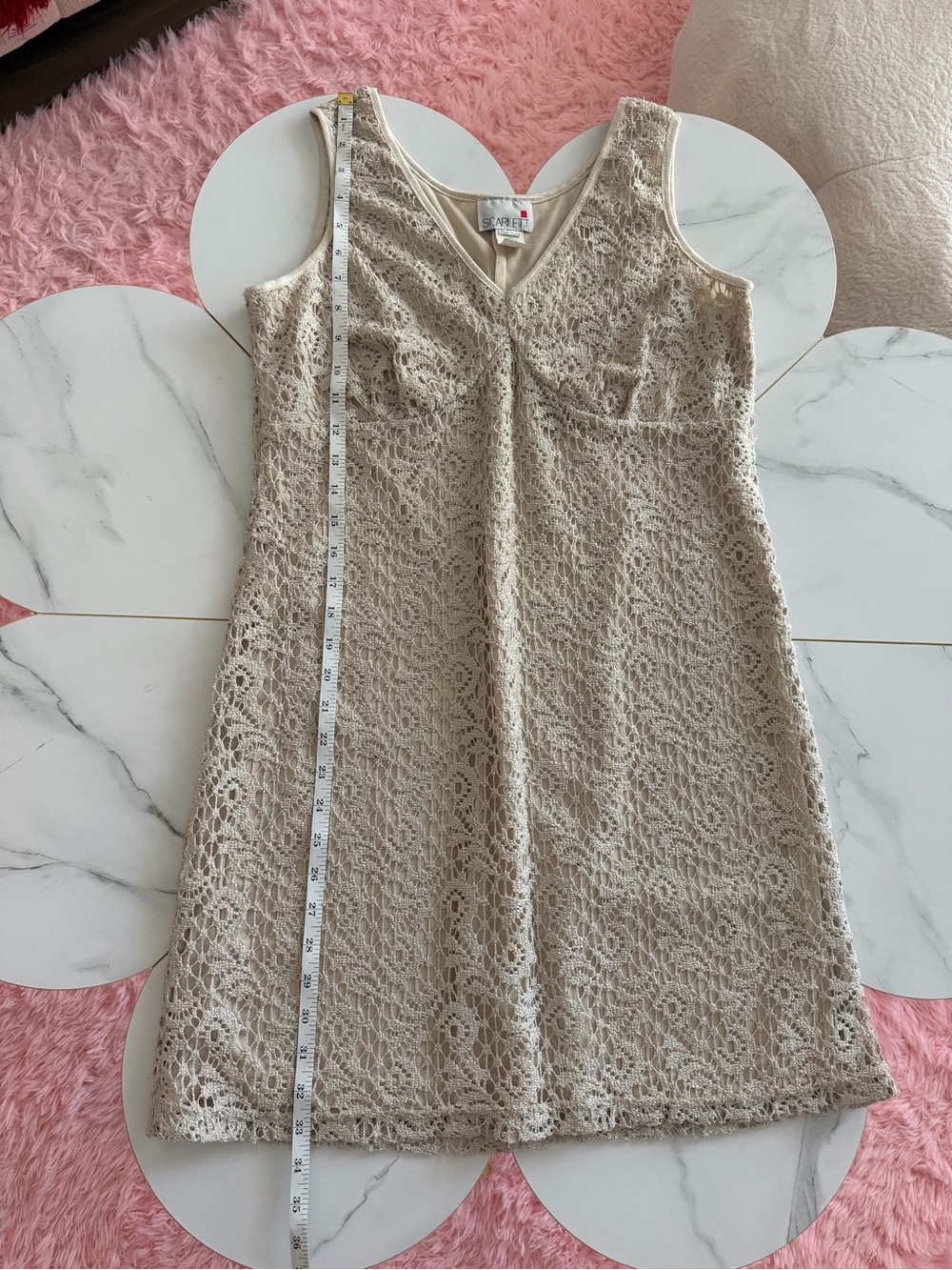 Scarlett Minimalist quiet luxury Crochet Lace Sleeveless Shift Dress in Beige - Picture 4 of 7
